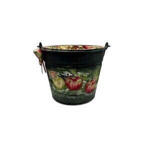 Vintage Decoupage #6 Metal Bucket Handcrafted Apple Design With Fabric Lining